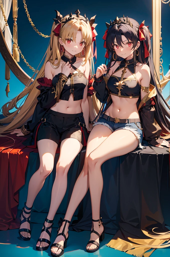 ereshkigal (fate), ishtar (fate), long hair, breasts, looking at viewer, smile, bangs, multiple girls, blonde hair, black hair, red eyes, ribbon, navel, 2girls, bare shoulders, jewelry, closed mouth, collarbone, full body, hair ribbon, earrings, shorts, midriff, high heels, red ribbon, two side up, crop top, parted bangs, short shorts, siblings, blue background, sandals, tiara, sisters, camisole, hoop earrings, white shorts, spaghetti strap