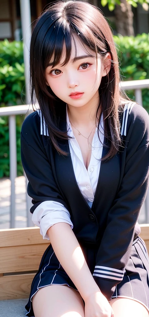 (1 nogizaka girl,15years old face,raw photo,photo realistic:1.5),(best quality, high quality,HDR, highest quality,ultra high resolution,high resolution,high res,ultra high difinition,huge file size,8K,2K wallpaper,8K wallpaper,high quality texture,amazing,an extremely delicate:1.4),one girl, Japanese famous idol,cute face,small face,absurd,ridiculous,incredibly ridiculous,blurry background,(school uniform,sailor suit,short hair,cleavage,no makeup:1.2),medium skin,beautiful skin,detailed skin,black hair,silky hair,black eyes,Japanese nose,5-fingers,(Light Particles, Lens Flare, Luminous Particles: 0.7),looking at viewer,bright lighting,professional lighting,girl