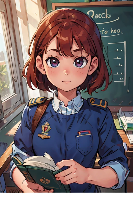 One girl. Perfect face. Perfect hands. A copper haired girl with copper eyes wearing a navy uniform is reading at her desk in school