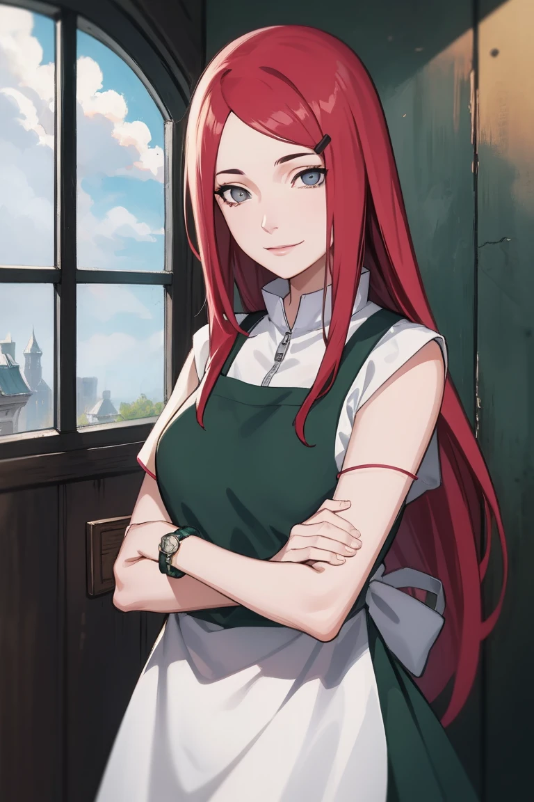 {-erro_de_anatomia:1.0} kushina, kushina, long hair, hair ornament, red hair, red head, hairclip, (grey eyes:1.5), BREAK shirt, dress, jewelry, white shirt, short sleeves, apron, bracelet, green apron, collar, BREAK looking at viewer, upper body, full body, cowboy shot, BREAK indoors, BREAK (masterpiece:1.2), best quality, high resolution, unity 8k wallpaper, (illustration:0.8), (beautiful detailed eyes:1.6), extremely detailed face, perfect lighting, extremely detailed CG, (perfect hands, perfect anatomy), closing eyes in her smile