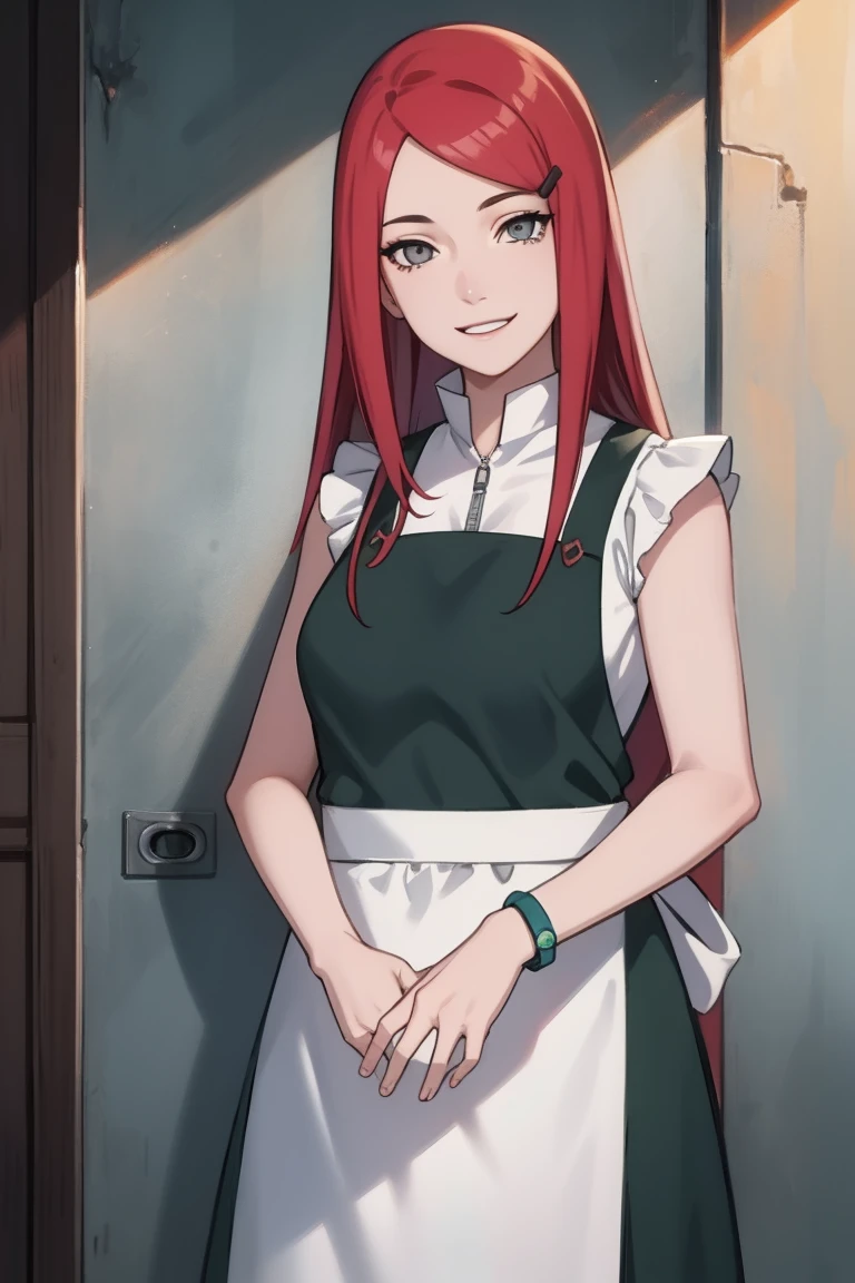 {-erro_de_anatomia:1.0} kushina, kushina, long hair, hair ornament, red hair, red head, hairclip, (grey eyes:1.5), BREAK shirt, dress, jewelry, white shirt, short sleeves, apron, bracelet, green apron, collar, BREAK looking at viewer, upper body, full body, cowboy shot, BREAK indoors, BREAK (masterpiece:1.2), best quality, high resolution, unity 8k wallpaper, (illustration:0.8), (beautiful detailed eyes:1.6), extremely detailed face, perfect lighting, extremely detailed CG, (perfect hands, perfect anatomy), closing eyes in her smile