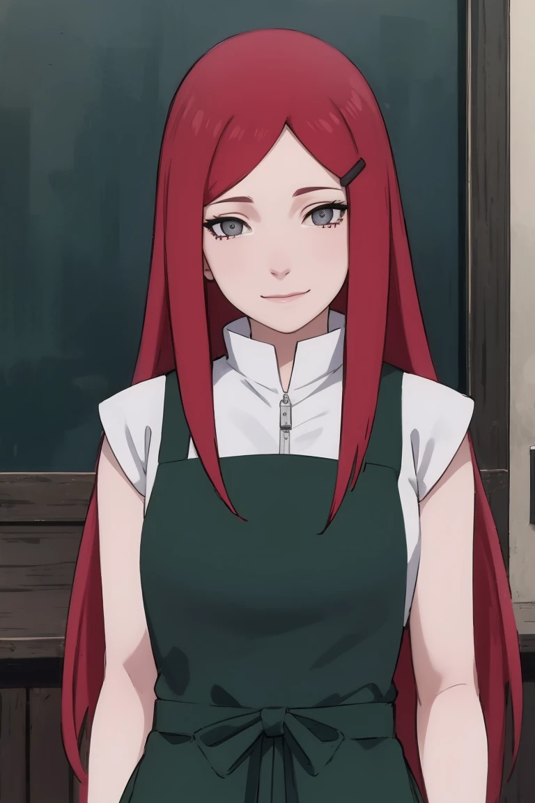 {-erro_de_anatomia:1.0} kushina, kushina, long hair, hair ornament, red hair, red head, hairclip, (grey eyes:1.5), BREAK shirt, dress, jewelry, white shirt, short sleeves, apron, bracelet, green apron, collar, BREAK looking at viewer, upper body, full body, cowboy shot, BREAK indoors, BREAK (masterpiece:1.2), best quality, high resolution, unity 8k wallpaper, (illustration:0.8), (beautiful detailed eyes:1.6), extremely detailed face, perfect lighting, extremely detailed CG, (perfect hands, perfect anatomy), closing eyes in her smile