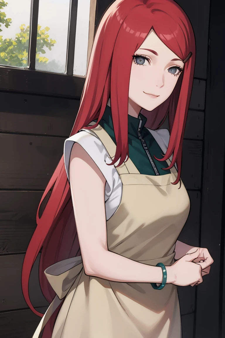 {-erro_de_anatomia:1.0} kushina, kushina, long hair, hair ornament, red hair, red head, hairclip, (grey eyes:1.5), BREAK shirt, dress, jewelry, white shirt, short sleeves, apron, bracelet, green apron, collar, BREAK looking at viewer, upper body, full body, cowboy shot, BREAK indoors, BREAK (masterpiece:1.2), best quality, high resolution, unity 8k wallpaper, (illustration:0.8), (beautiful detailed eyes:1.6), extremely detailed face, perfect lighting, extremely detailed CG, (perfect hands, perfect anatomy), closing eyes in her smile