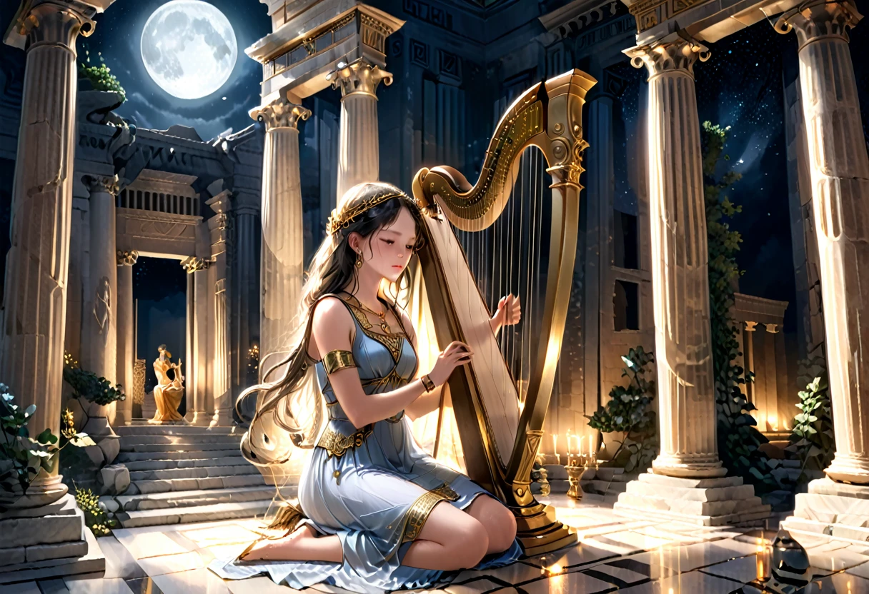a young priestess, sitting, she places a harp larger than herself in front of him and plays it, playing a large lyre, ancient Greek temple, late at night, inside the temple it is (dark:1.3) and there is (no lighting:1.2), the moonlight shines in at an angle, shining a faint light on her., highly detailed, photorealistic, realistic lighting, intricate architecture, ornate decorations, cool color palette, golden accents, soft fabric textures, mesmerizing expression, elegant pose, cinematic composition, natural lighting, realistic shadows, mystical atmosphere, hyperrealistic, award-winning art