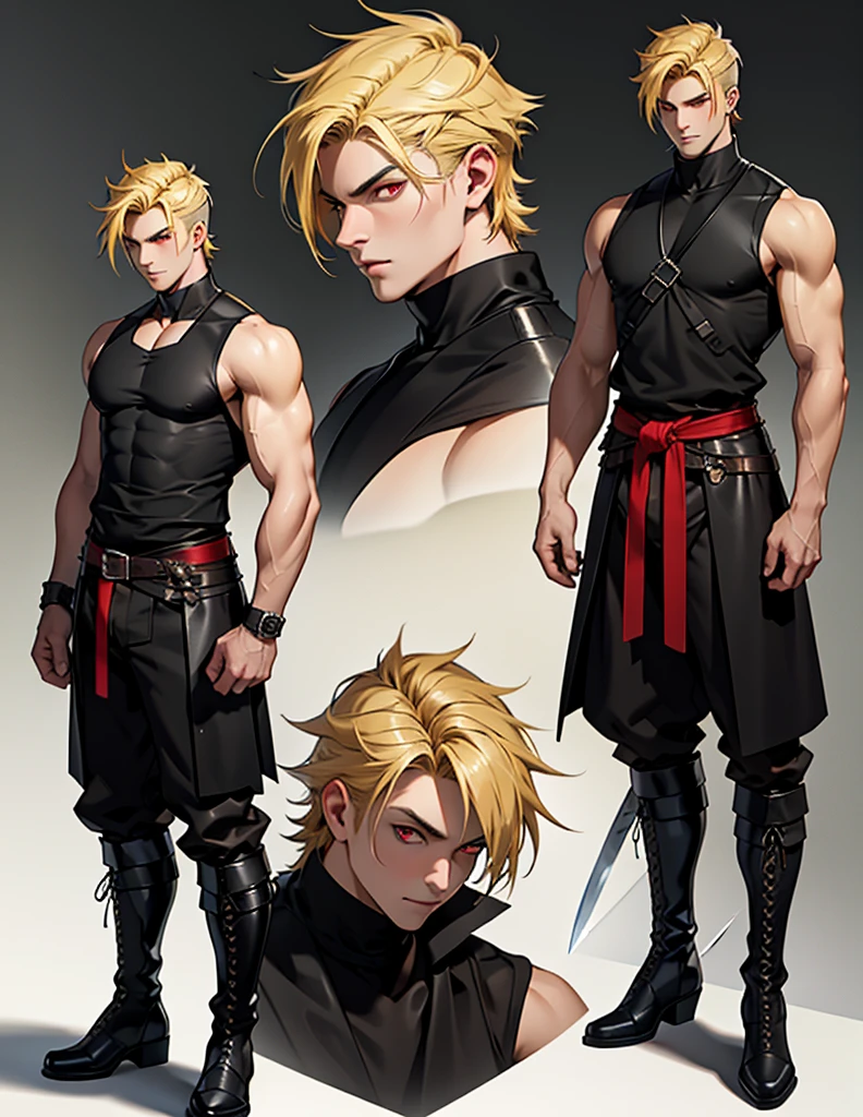 Well-made face high quality resolution 8k view of the face perfect perfect body beautiful handsome Galician boy with red eyes short hair view of the whole body with a black shirt medieval clothes and leather boots sword blonde hair yellow hair misa open tank top sample chest red eye full body view while standing
