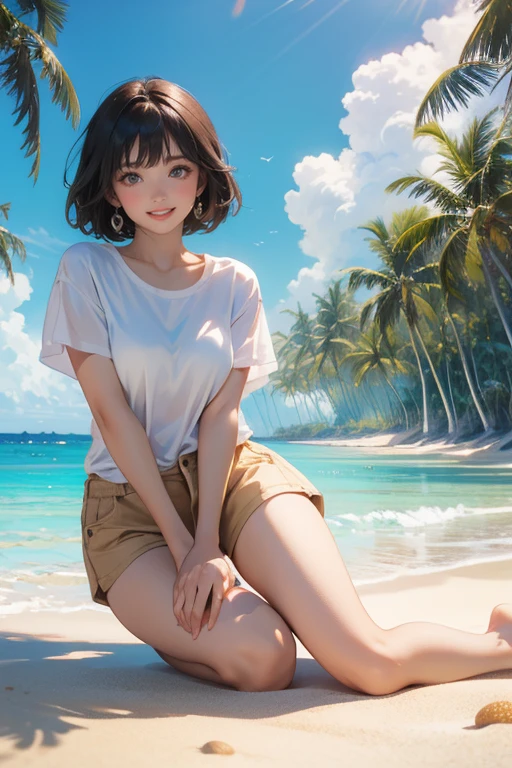 (Highest quality、masterpiece、High resolution、8K)、Vibrant colors、Young and beautiful woman 1、Brown and black short bob、barefoot、A woman in a white T-shirt and shorts runs on the beach、Surprised Smile、Official Art、The background is the sea、blue sky、Wide sandy beach、Wide forest、