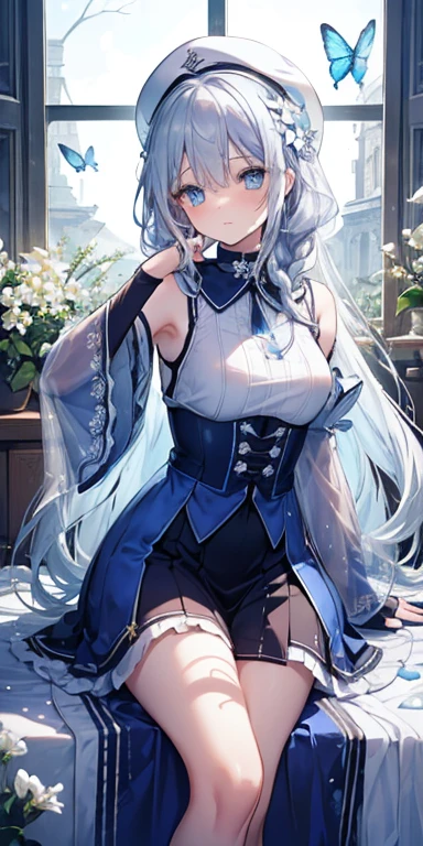 (Overhead view), Dynamic Angle, Ultra-detailed, Illustration, close-up, Direct, 1 girl, (Fantasy: 1.4), (Blue eyes: 1.233), Her eyes shone like dreamy stars, (Bright eyes: 1.233), (Beautiful, Detailed eyes:1.1),(Silver hair:1.14),(hair messy,Very long hair,french braids,hair between eye,side locks),(+(bule hair flower:1.14)),(Dress Chiffon, Floral pattern of teapot on uniform)/=(Military uniform: 1.24),(Detached sleeves,Wide sleeves),(Fingerless gloves),Choker,(Priestess thighs),High Heel Boots,(deadpan,Mouth closed),(Standing), (classical Princess boudoir with dressing tableand french windowin a white ancient palaces), (white blossoms, florals), (abysmal sea), (flowingwater), (Dull Blue Trees in the World々々々々々: 1, 14), (Ruins), (Night: 1,2),souls,Dreamy,(fluorescent),(flying translucent blue butterflies:1.15), [[Delicate fingers and hands:0.55]::0.85],(Detailed fingers) ,(yubao:0.5),