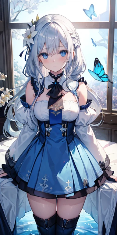 (Overhead view), Dynamic Angle, Ultra-detailed, Illustration, close-up, Direct, 1 girl, (Fantasy: 1.4), (Blue eyes: 1.233), Her eyes shone like dreamy stars, (Bright eyes: 1.233), (Beautiful, Detailed eyes:1.1),(Silver hair:1.14),(hair messy,Very long hair,french braids,hair between eye,side locks),(+(bule hair flower:1.14)),(Dress Chiffon, Floral pattern of teapot on uniform)/=(Military uniform: 1.24),(Detached sleeves,Wide sleeves),(Fingerless gloves),Choker,(Priestess thighs),High Heel Boots,(deadpan,Mouth closed),(Standing), (classical Princess boudoir with dressing tableand french windowin a white ancient palaces), (white blossoms, florals), (abysmal sea), (flowingwater), (Dull Blue Trees in the World々々々々々: 1, 14), (Ruins), (Night: 1,2),souls,Dreamy,(fluorescent),(flying translucent blue butterflies:1.15), [[Delicate fingers and hands:0.55]::0.85],(Detailed fingers) ,(yubao:0.5),