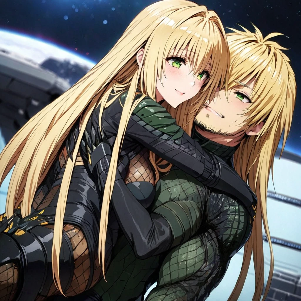 ((Highest quality)), ((masterpiece)), (detailed), （Perfect Face）、The woman is Tiare, a female predator with green eyes and medium-long blonde hair, wearing a black predator bodysuit and carrying a weapon.、She is happily snuggling up to a male predator on a spaceship.