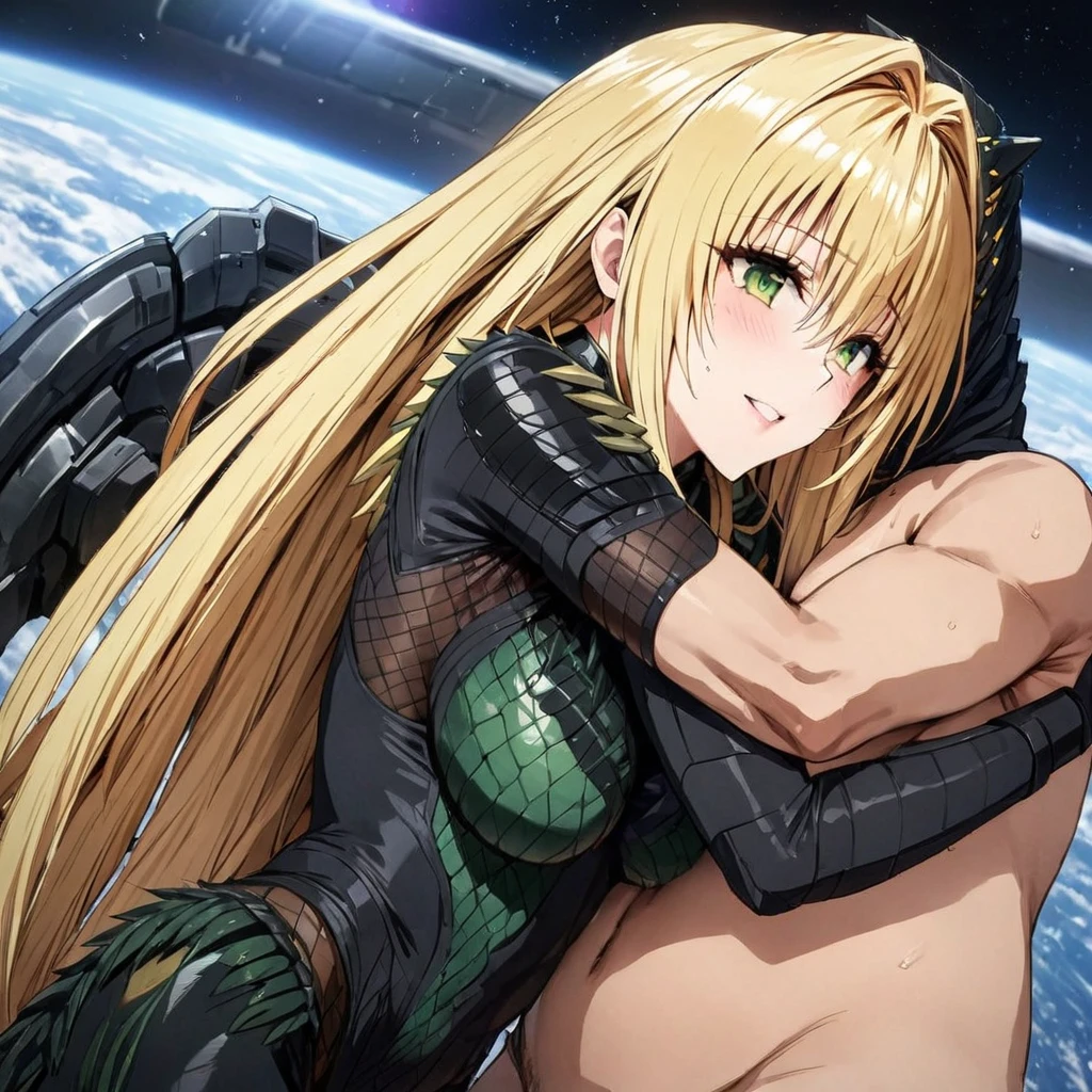 ((Highest quality)), ((masterpiece)), (detailed), (Perfect Face)、The woman is Tiare, a female predator with green eyes and medium-long blonde hair, wearing a black predator bodysuit and carrying a weapon.、She is happily snuggling up to a male predator on a spaceship.
