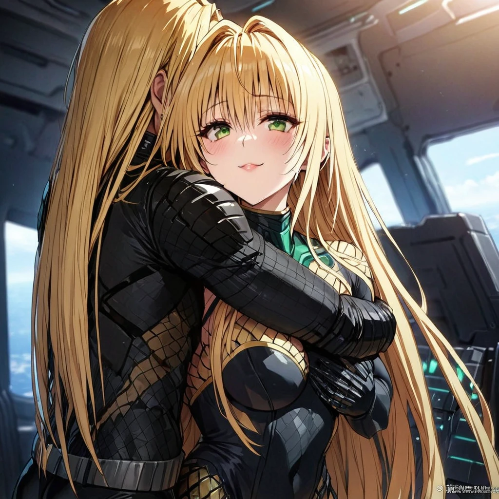 ((Highest quality)), ((masterpiece)), (detailed), （Perfect Face）、The woman is Tiare, a female predator with green eyes and medium-long blonde hair, wearing a black predator bodysuit and carrying a weapon.、She is happily snuggling up to a male predator on a spaceship.