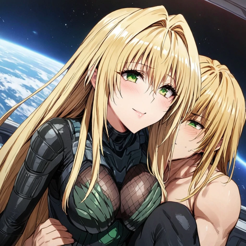 ((Highest quality)), ((masterpiece)), (detailed), （Perfect Face）、The woman is Tiare, a female predator with green eyes and medium-long blonde hair, wearing a black predator bodysuit and carrying a weapon.、She is happily snuggling up to a male predator on a spaceship.