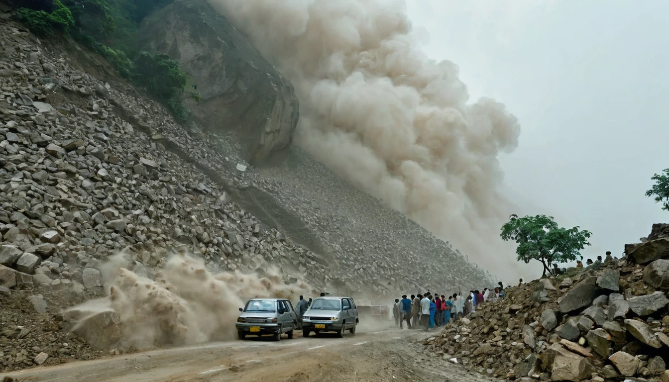 whoa, Dramatic moving image depicts a landslide with large rocks falling on cars and people on a road in Uttarakhand in India. You can see the dust cloud from the rocks and the sky thundering due to heavy rain. The scene is one of destruction and chaos.