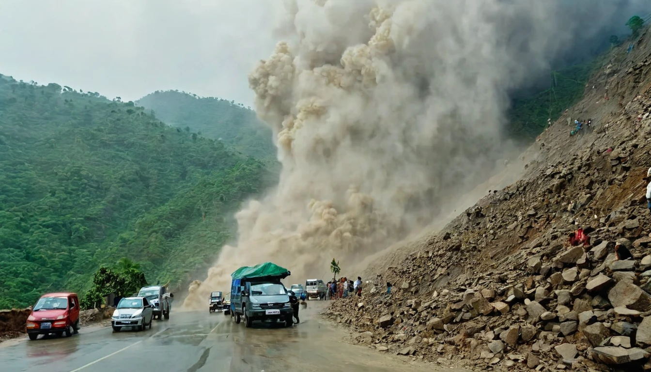 whoa, Dramatic moving image depicts a landslide with large rocks falling on cars and people on a road in Uttarakhand in India. You can see the dust cloud from the rocks and the sky thundering due to heavy rain. The scene is one of destruction and chaos.