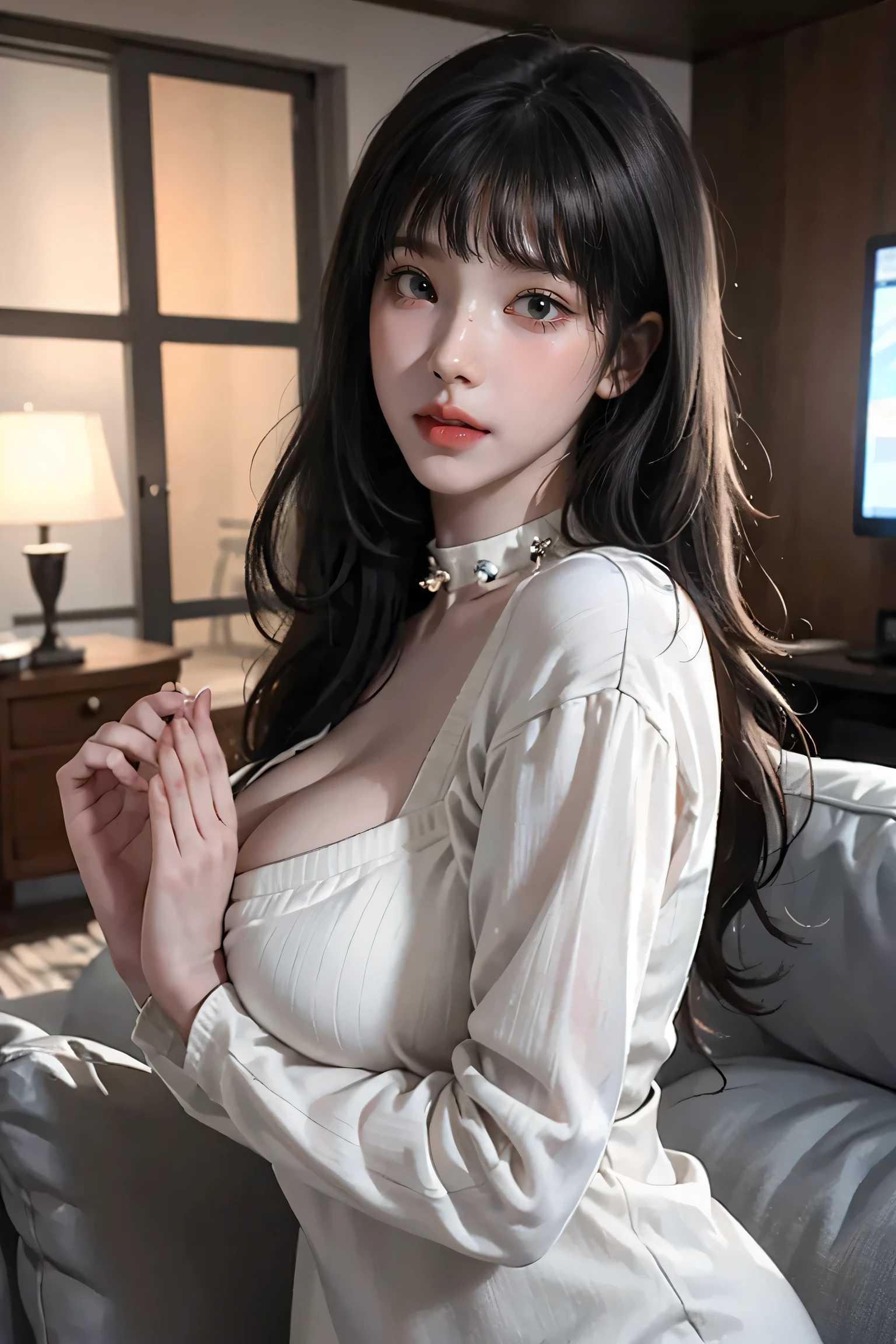 Cute ta, Cleavage, Protruding areola, ((Realistic Light, Highest quality, 8K, masterpiece :1.0)), Selfie, One girl, Beautiful woman with perfect body type, Abdominal muscles :1.1, (straight black short hair with bangs, Huge breasts :1), turtleneck sweater dress :1.2, Highly detailed face, Perfect hands、Perfect Fingers、Perfect breasts、Perfect Hair、Perfect Face、Perfect body、Perfect composition, Unwind at home, living room, Mansion, Expensive house, Big expensive TV, Expensive sofa, Detailed Background, Ray Tracing, Unreal Engine, Highest resolution hyperrealism,Model-like style