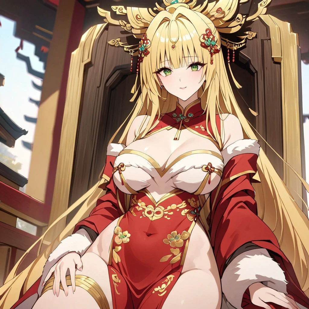 ((Highest quality)), ((masterpiece)), (detailed), (Perfect Face)、The woman is a Tieryu with green eyes, medium-long blonde hair, and is wearing a gorgeous ancient Chinese court costume embroidered with gold and red, with a gorgeous hair ornament.、The woman is an ancient Chinese empress, sitting on a magnificent throne