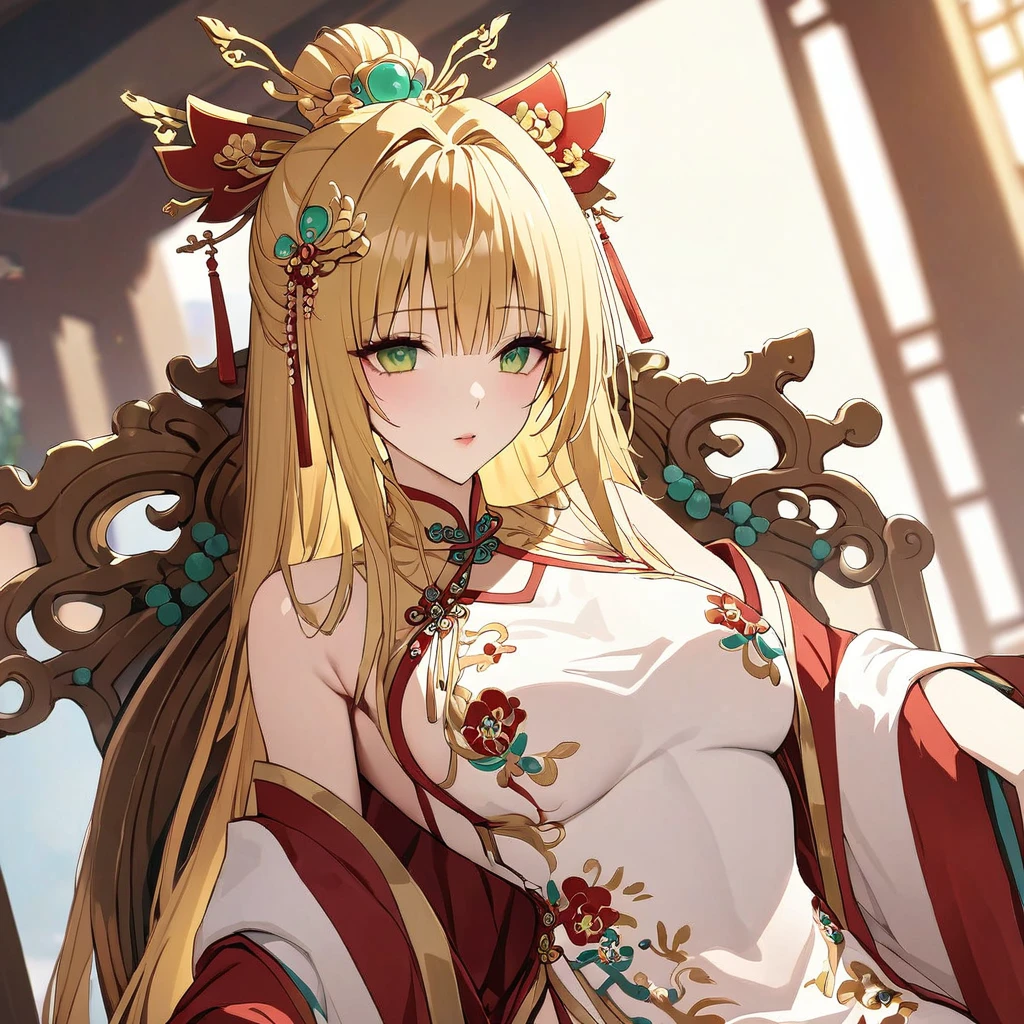 ((Highest quality)), ((masterpiece)), (detailed), （Perfect Face）、The woman is a Tieryu with green eyes, medium-long blonde hair, and is wearing a gorgeous ancient Chinese court costume embroidered with gold and red, with a gorgeous hair ornament.、The woman is an ancient Chinese empress, sitting on a magnificent throne