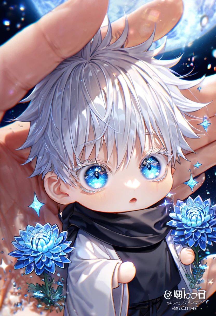 absurdres, highres, ultra detailed, HDR, master piece, best quality, extremely detailed, Gojou Satoru chibi, white hair, expressive blue eyes, white eyelashes, Jujutsu Kaisen, solo, cute, black scarf, white haori, black T-shirt, fantasy, water, sparkling, blue glittering fireflies, blue moon, blue blossoms, blue chrysanthemums, blue sparkling lights, starry sky