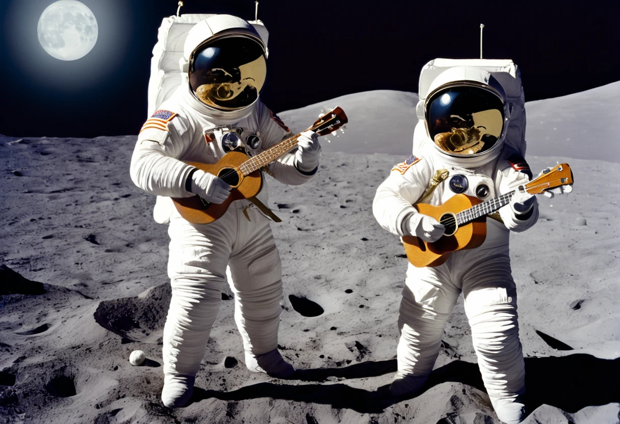 1970; astronauts playing ukulele on the moon , by Genevieve Naylor