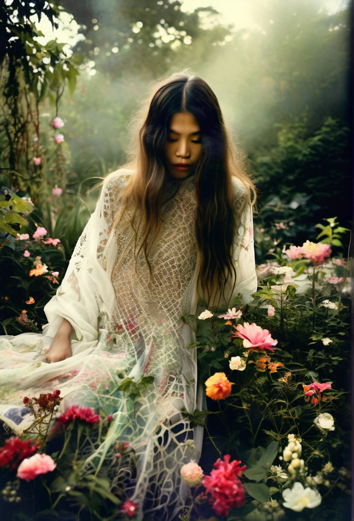 Ethereal Beauty in a Garden, digital art photograph, beautiful asian supermodel's face and body obscured by flowers, lace-trimmed garment, soft lighting, translucent fabrics, ethereal quality, dreamlike atmosphere, subtle colors, natural garden setting, Sally Mann-inspired style.