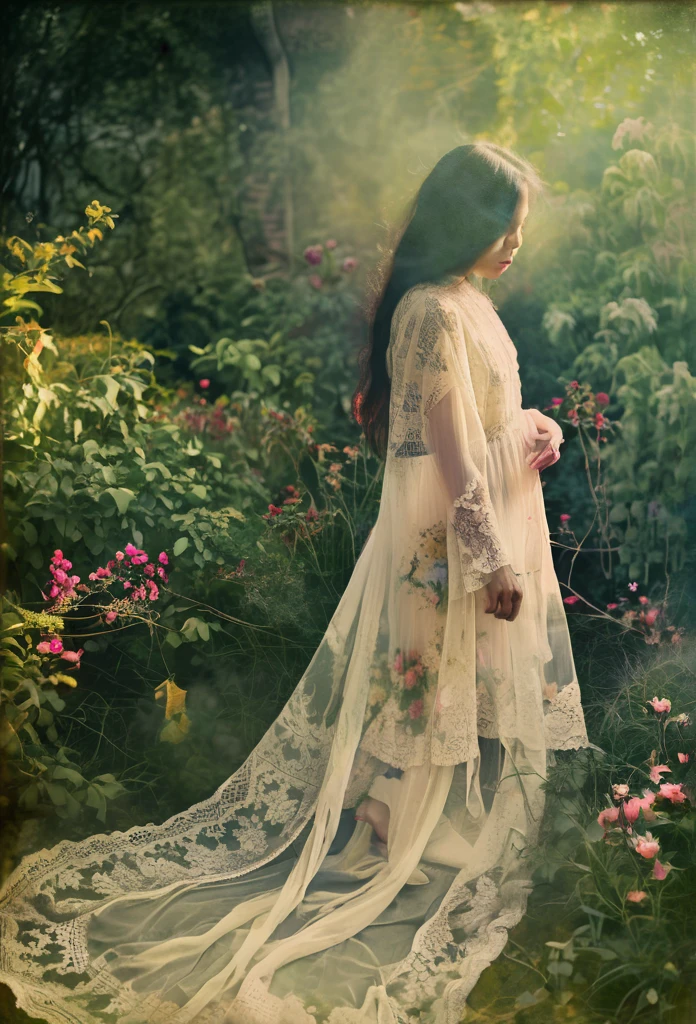 Ethereal Beauty in a Garden, digital art photograph, beautiful asian supermodel's face and body obscured by flowers, lace-trimmed garment, soft lighting, translucent fabrics, ethereal quality, dreamlike atmosphere, subtle colors, natural garden setting, Sally Mann-inspired style.
