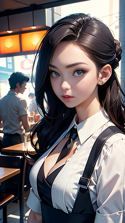 、sunlight、(8K, RAW Photos, 最high quality, masterpiece: 1.2), (Realistic, photoRealistic: 1.37), 1 A woman in a waitress uniform standing on the sidewalk, ,Age 25、 Professional Lighting, 10 head and body,Photon Mapping, , Ukrainian women, Torn, 、, Incredibly beautiful face、Small face、Playmate proportions、Delivery staff、、,At a fast food restaurant，Carrying tableware、 masterpiece, 最high quality, high quality, High resolution, big , (Face close-up),working at a restaurant、Hair is tied、Cleavage、Updo、Please tie your hair tightly、Slicked back hair、The ultimate revealing outfit、Uncontrollable orgasm、、、 search of pleasure、Ahan、