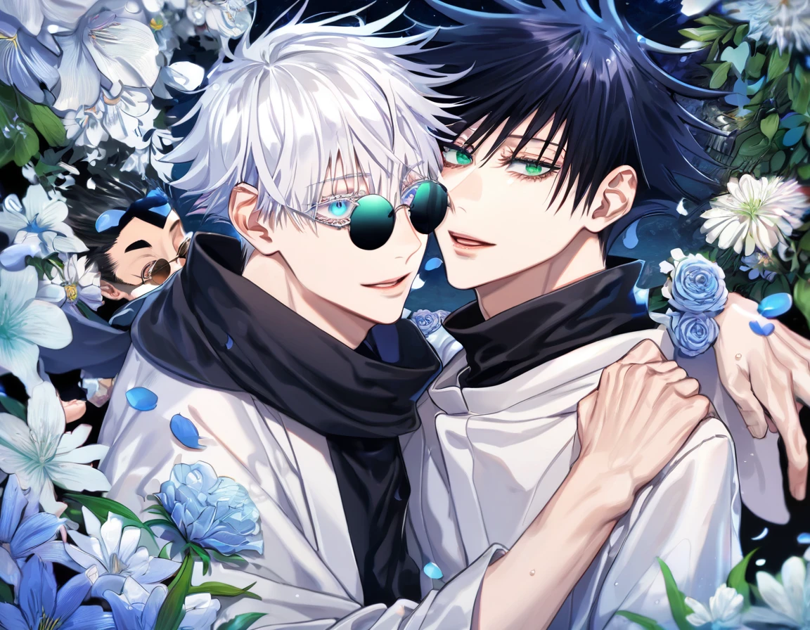 absurdres, highres, ultra detailed, HDR, master piece, Fushiguro Megumi, black hair, expressive green eyes, Gojou Satoru, white hair with bangs, white eyelashes, expressive blue eyes, black round sunglasses, Jujutsu Kaisen, two sexy man together, gay couple, yaoi, love, handsome, best quality, blue moon, flowers, fantasy, magical, water, blue shining fireflies, blue petals, black scarf, white haori, handsome smile,