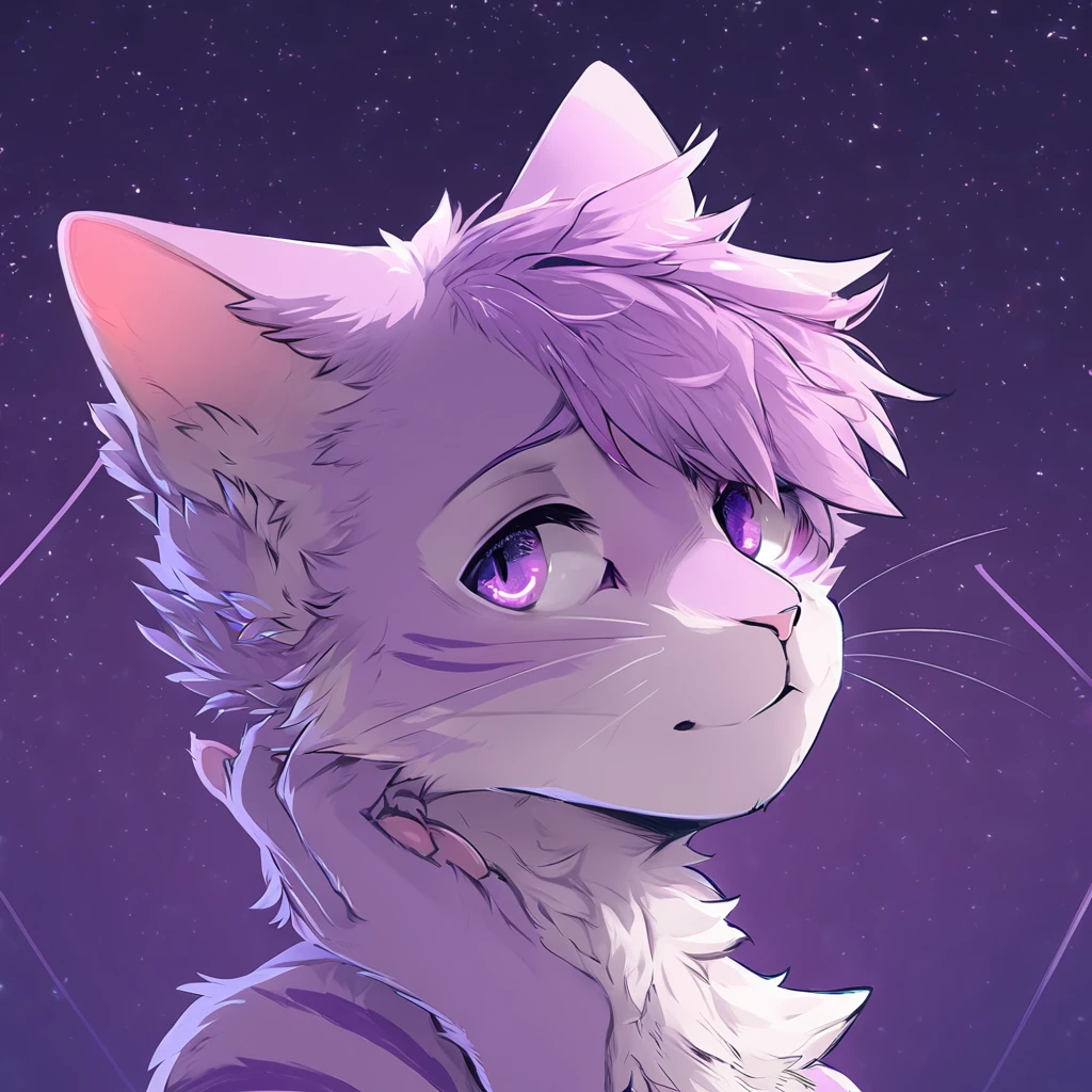 adult, feline, mammal, anthro, anthropomorphic, cat, striped, fur, striped_feline, fur, male, light_purple_fur, purple_hair, fluffy, white_chest, shy, small_pupils, digital_art, high_resolution, high_res, detailed, hand-drawn, pencil_lines, head_visible, background, neck_visible, seductive_face, detailed_line_work, profile_picture, head_visible, neptune_background, purple_background, cute, white, posing, paw_fingers, individual_fingers, finger_paws, dreaming_pose, headshot, head_only, small_pupils, seductive_face, tufts, paws, chest, glossy_fur, vibrant_colors, expressive_eyes, elegant_pose, high_quality, looking_at_viewer, daydreaming_expression, thoughtful_pose, relaxed_hand_pose