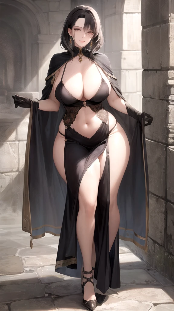 Full body woman, undead mage, plunder, Mature Woman, (Very large breasts), Mature Woman, (Mature female), Gloves, earrings, navel focus, cloak, Elegant body, Curvy but thin, This woman has a pair of beautiful and delicate eyes, Detailed texture, Extraordinary ruins, fantasy, role play, Dark atmosphere, Extreme shadows, masterpiece, best quality, Mature Woman, Mature female, ication