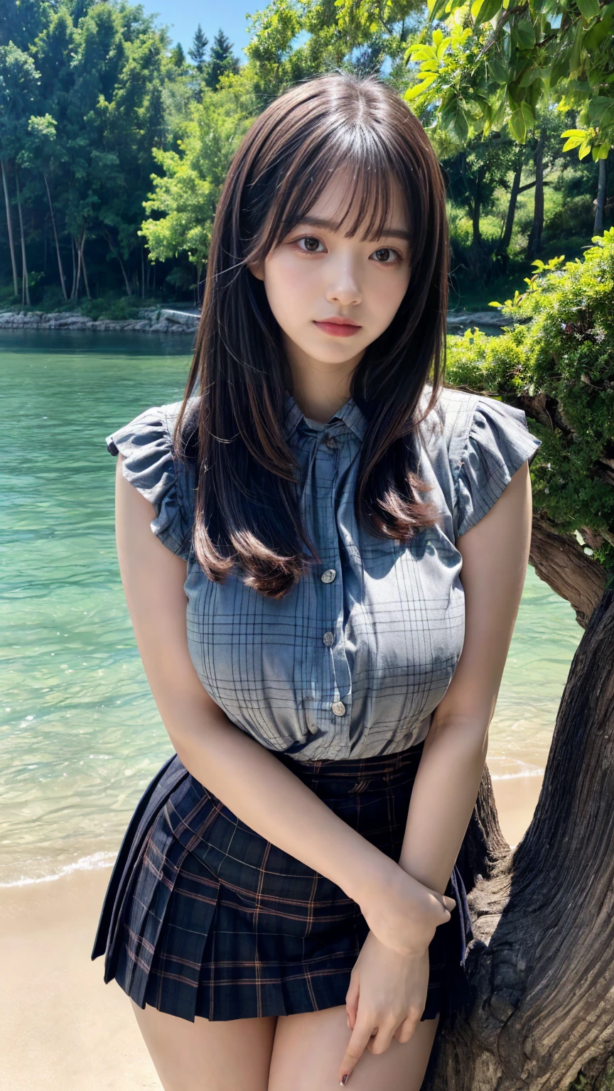 (absurdres:1.3), (highres:1.3), (ultra detailed:1.3),(1girl:1.3), (extremely detailed CG unity 8k wallpaper:1.3), (detailed skin texture, detailed cloth texture, detailed hair texture), (beautiful detailed face, supermodel, pale skin, realistic glistening skin), (RAW photo, best quality), (realistic, photo-realistic:1.4), masterpiece, extremely delicate and beautiful,Amazing, finely detail, extremely detailed CG unity 8k wallpaper, huge filesize, ultra-detailed, highres, absurdres, soft light,rim light, vibrant details, hotel room, straight hair, large breasts, black hair color, Big Natural Color Lip, (perfect body shape), beautiful legs, 20 years old, Beauty、Well-formed face、Make your eyes even、Large sagging eyes、Beautiful black hair、Has bangedium build、Well-balanced proportions、Arms wrapped around his back, hands tie behind back, Tartan plaid pleated skirt、Blue Short Sleeve Blouse、Beautiful scenery、(front view:1.3), Leaning against a large tree on the shore of a beautiful lake、