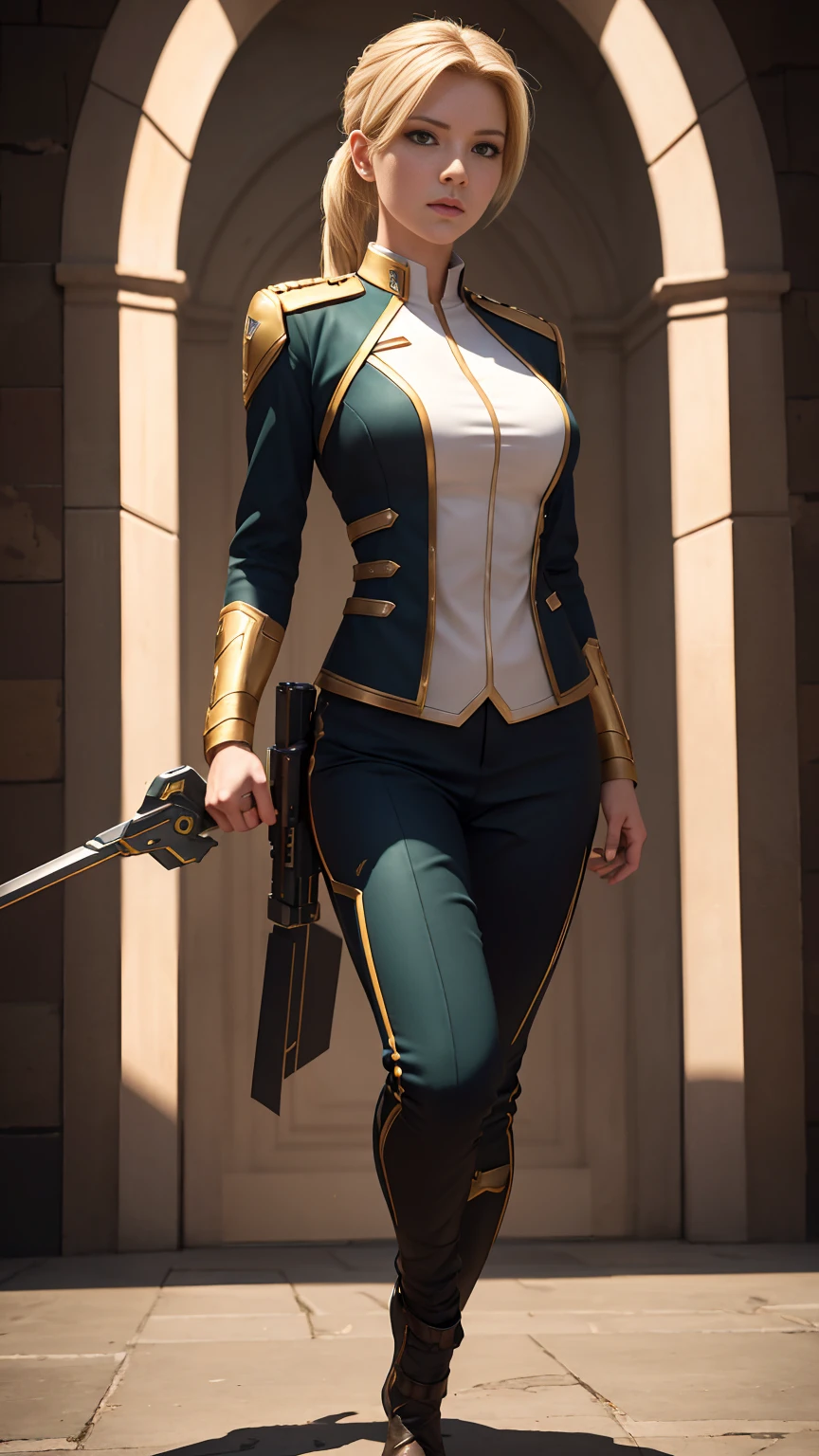 ((Full-length photo, standing, feet on the ground)) Best quality, Masterpiece, eyes reflection, Best quality, Masterpiece, The eye of mercy reflexes, Alone, In Starkta, Perfect body, Blonde, Overwatch mercy style hairstyle, OW uniform, Green eyes, Two arms, Hold your signature weapon, Low-cut uniform, utility belt, Alone, Command Room, 8K, Masterpiece, A high resolution, absurderes, natural volumetric lighting and best shadows, Deep depth of field, Sharp focus, Naughty face, Super delicious, Medium breasts
