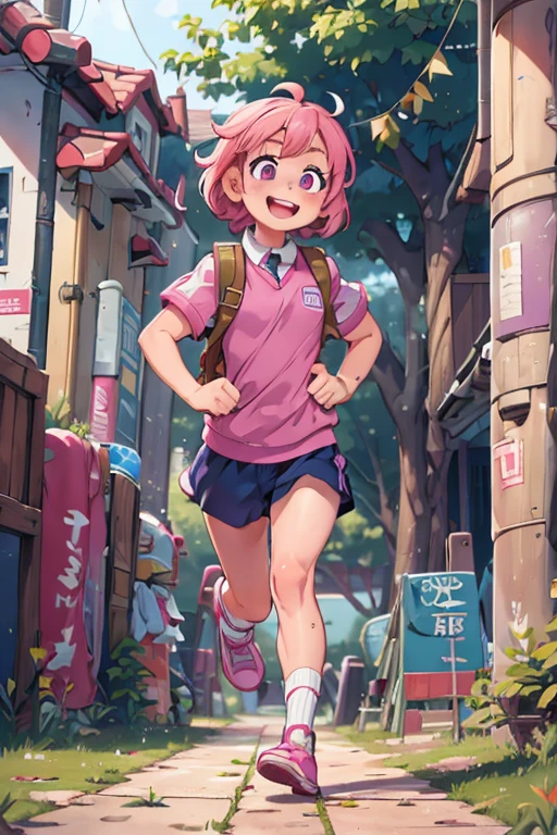 One girl. Perfect face. Perfect hands. A pink haired girl with violet eyes wearing a navy uniform is running to the library with a big smile in the school