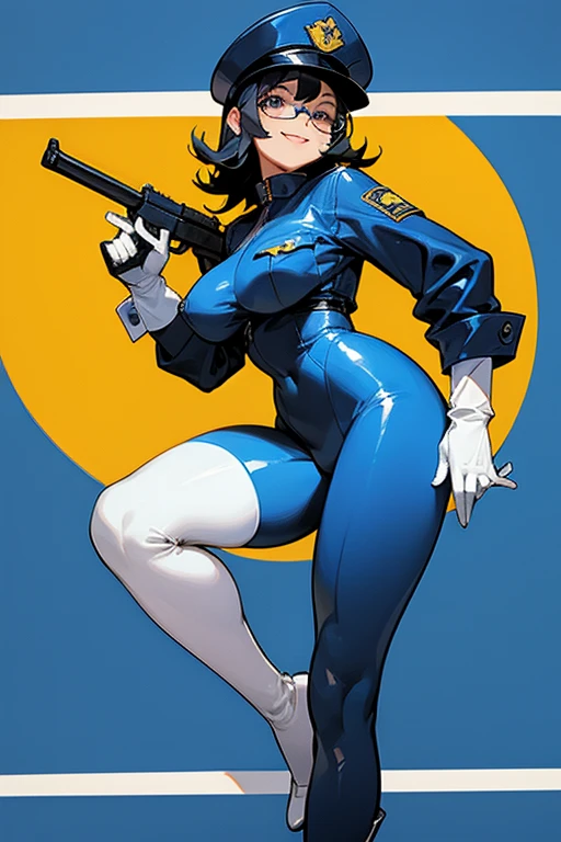 A chubby girl with black hair and glasses wearing a blue enamel catsuit and police cap, wearing white gloves, white boots, holding a submachine gun and smiling