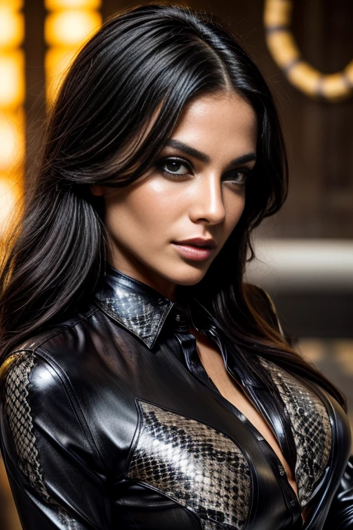 (((ItalianModel,close up head shot portrait))),long curly black hair pulled back, gorgeous eyes,smokey gray eyeshadow, high arched eyebrows, seductive look,looking into camera,big breasts,exposed cleavage,sitting legs apart,large pet tiger,(snake skin print luxury silk shirt,black leather pants:1.5), black vinyl pants, stilettos, midnight modern metropolis hollywood neon signs background, spot lighting, backlight on hair, shallow depth of field, bokeh, sexy pose(no nsfw images)