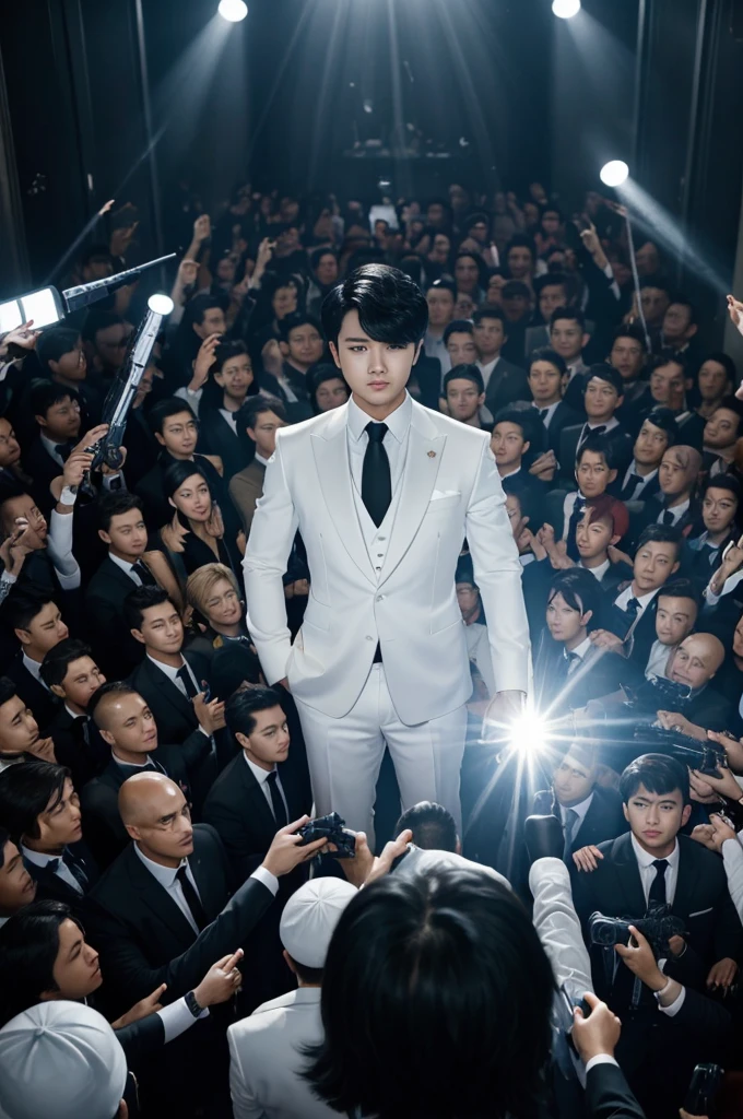 ((best quality)), ((masterpiece)), (detailed), perfect face kpop scenario; a room with only one light shining directly above the idol, short black hair, and being dressed in an amazing suit, while standing and thousands of people (agents) dressed in white they point a gun at him and he is in the center. 