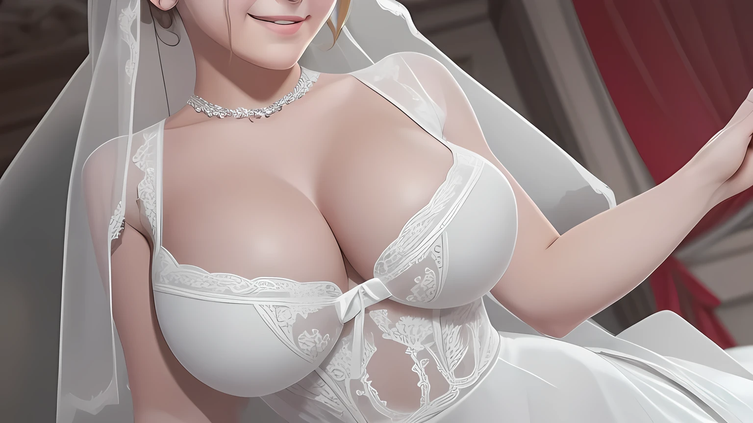 1 girl,,,round face,big eyes,Drooping eyes,large breasts,pointy breasts,cleavage,blush,embarrassed,underboob,crying smile,wet,photorealistic,nero,see through,(((white wedding dress))),(((clothes lift))),spread arms,open legs,