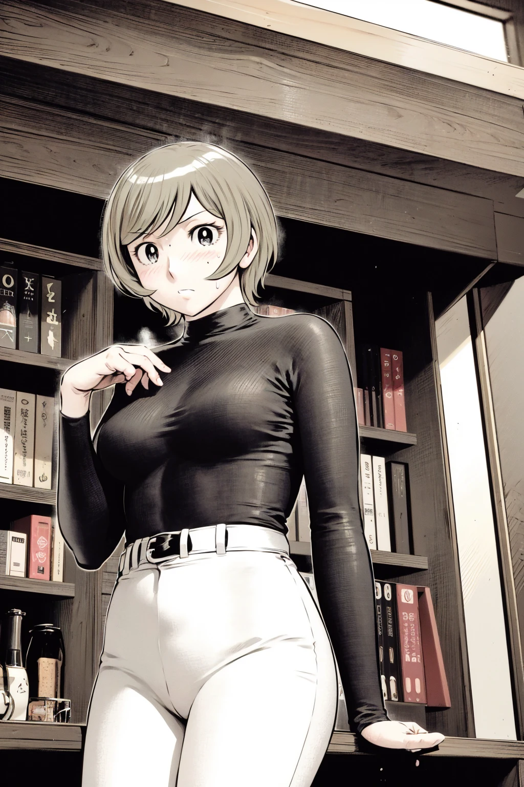 、(masterpiece、Highest quality)、Highest quality, Ultra-high resolution, (((masterpiece))), alone, Sweat、Big eyes,Tight black shirt、Tight white pants、belt、indoor、Composition from the front、(後ろCut your hair short、short hair、blonde、woman)、Shortcuts、Embarrassed face、Cut your hair short、可愛いwomanの子、Big Breasts、office