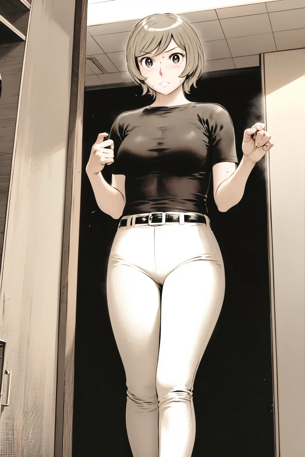 、(masterpiece、Highest quality)、Highest quality, Ultra-high resolution, (((masterpiece))), alone, Sweat、Big eyes,Tight black shirt、Tight white pants、belt、indoor、Composition from the front、（後ろCut your hair short、short hair、blonde、woman）、Shortcuts、Embarrassed face、Cut your hair short、可愛いwomanの子、Big Breasts、office