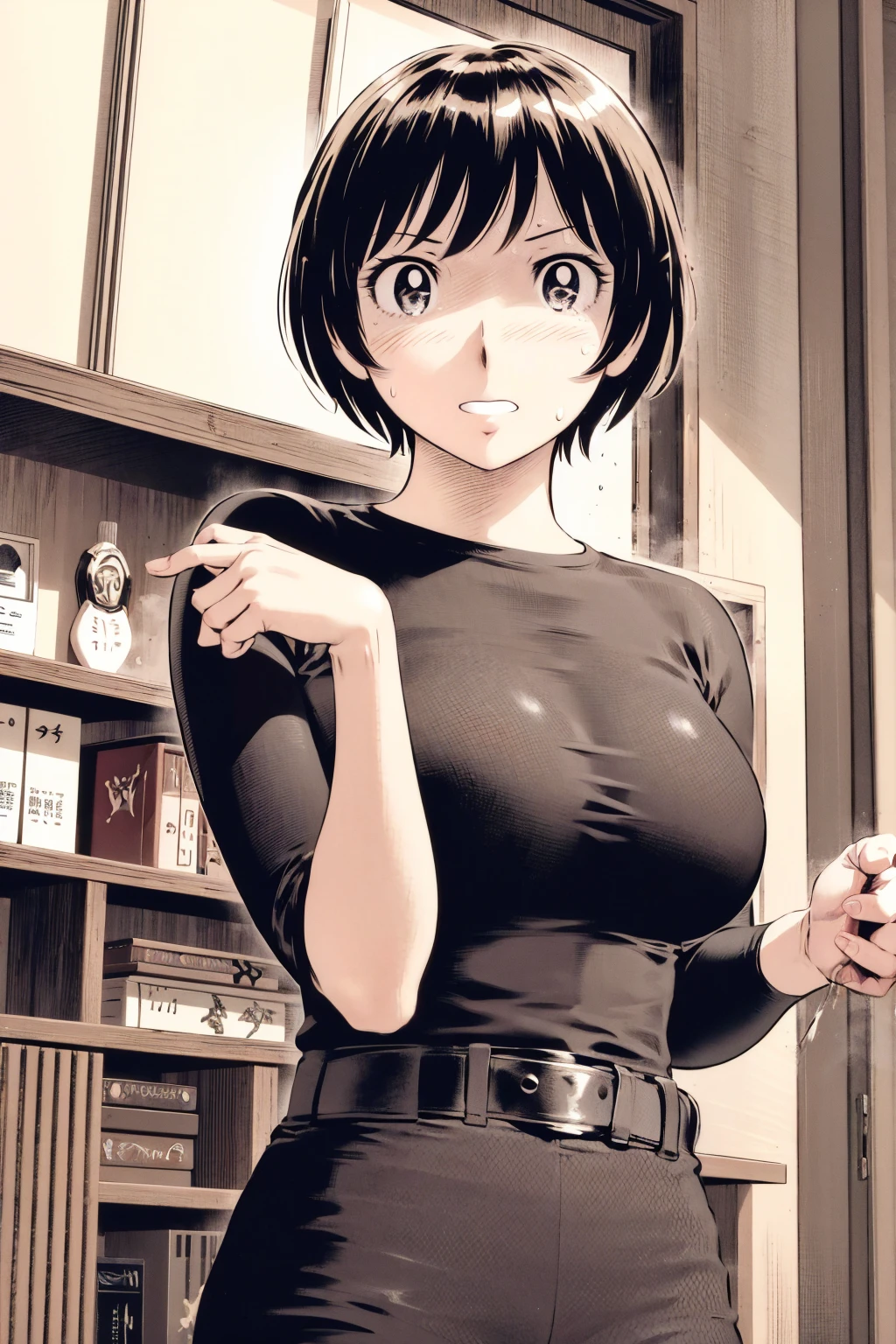 、(masterpiece、Highest quality)、Highest quality, Ultra-high resolution, (((masterpiece))), alone, Sweat、Big eyes,Tight black shirt、Tight white pants、belt、indoor、Composition from the front、(後ろCut your hair short、short hair、blonde、woman)、Shortcuts、Embarrassed face、Cut your hair short、可愛いwomanの子、Big Breasts、office