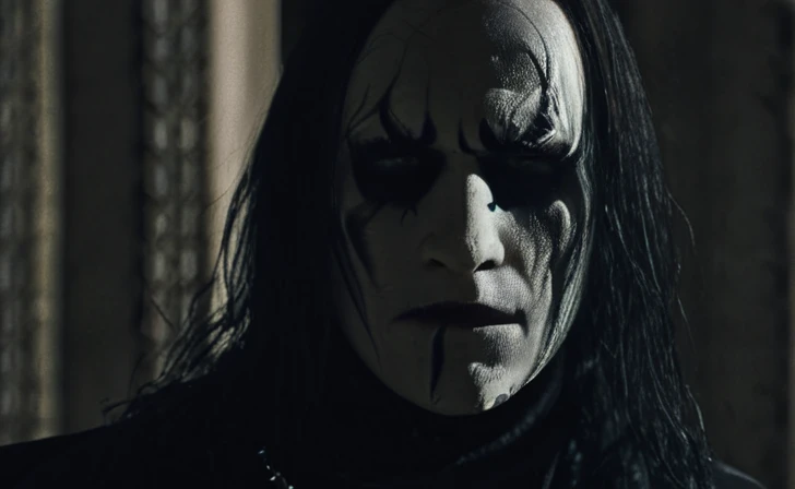 Black metal,deadmetal ,and man, wearing corpse make , up,cinematic film still of ,front on church sharp detailed,
a men with her,looking at viewer,monochrome,,lips,portrait,,realistic,air , realistic, real, photo real, cinematic, dramatic, film look, dramatic light, unreal engine, 3D computer graphics, hdr, Hyperrealism Style, closep, shallow depth of field, vignette, highly detailed, high budget, bokeh, cinemascope, moody, epic, gorgeous, film grain, grainy