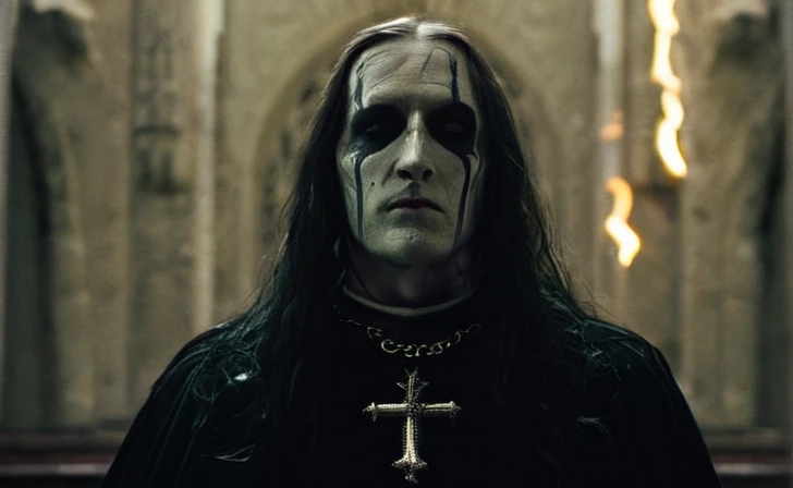 Black metal,deadmetal ,and man, wearing corpse make , up,cinematic film still of ,front on church sharp detailed,
a men with her,looking at viewer,monochrome,,lips,portrait,,realistic,air , realistic, real, photo real, cinematic, dramatic, film look, dramatic light, unreal engine, 3D computer graphics, hdr, Hyperrealism Style, closep, shallow depth of field, vignette, highly detailed, high budget, bokeh, cinemascope, moody, epic, gorgeous, film grain, grainy