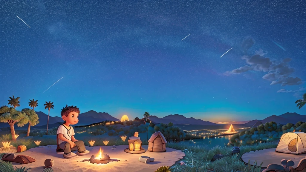 boy sitting by the campfire looking at the horizon at night, mountainscape, forst, beachfront, palm trees starry sky, overview, happy and colorful