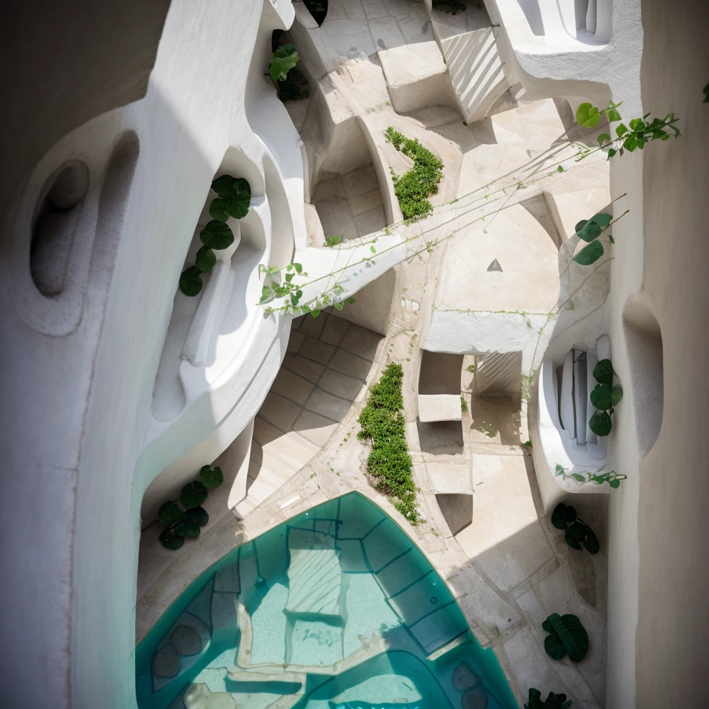 A wide angle shot shows the front view of a contemporary two-story villa with white walls and glass windows, design by Tadao ando,surrounded by lush greenery. It features an outdoor pool area overlooking the ocean at natural light. Stone pathways lead to multiple pools within the yard, adorned with vibrant tropical plants,architecture photography award, iwan baan, Taken on a Canon EOS R5 using a Canon RF 24-70mm f/2.8L IS USM lens at an F3.2 aperture setting in the style of Canon --ar 16:9 --c 5 --s 50 --v 6.0