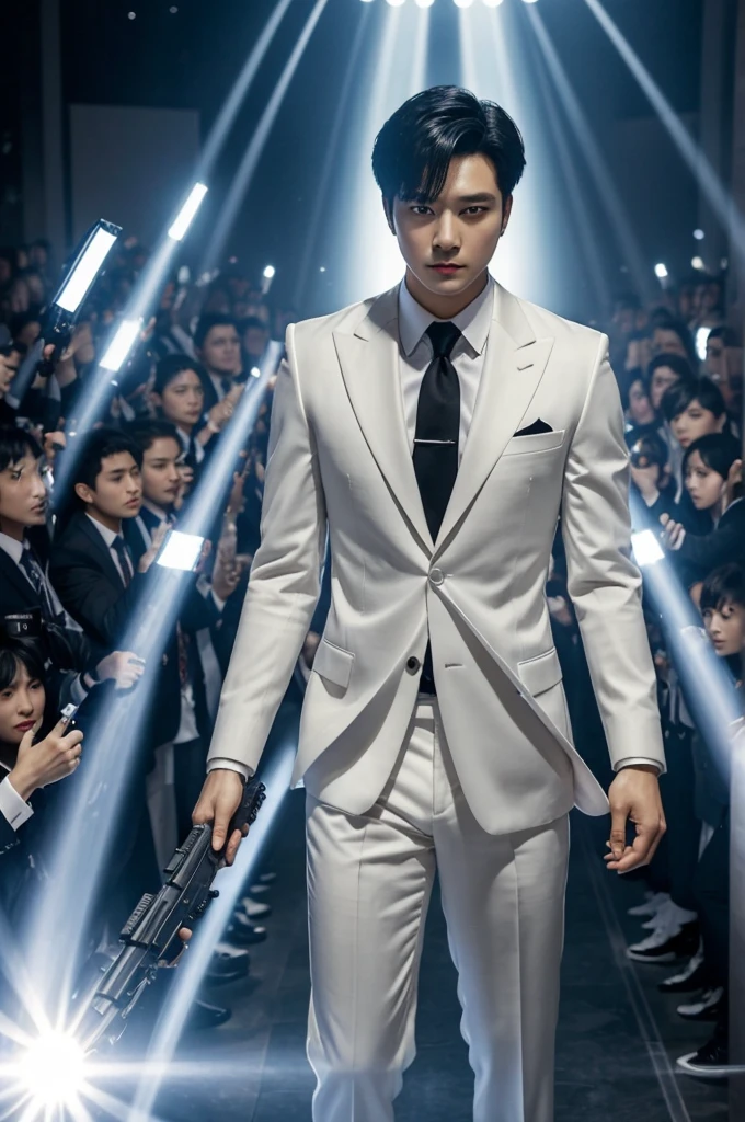 ((best quality)), ((masterpiece)), (detailed), perfect face kpop scenario; a room with only one light shining directly above the idol, short black hair, and being dressed in an amazing suit, while standing and thousands of people (agents) dressed in white they point a gun at him and he is in the center.
