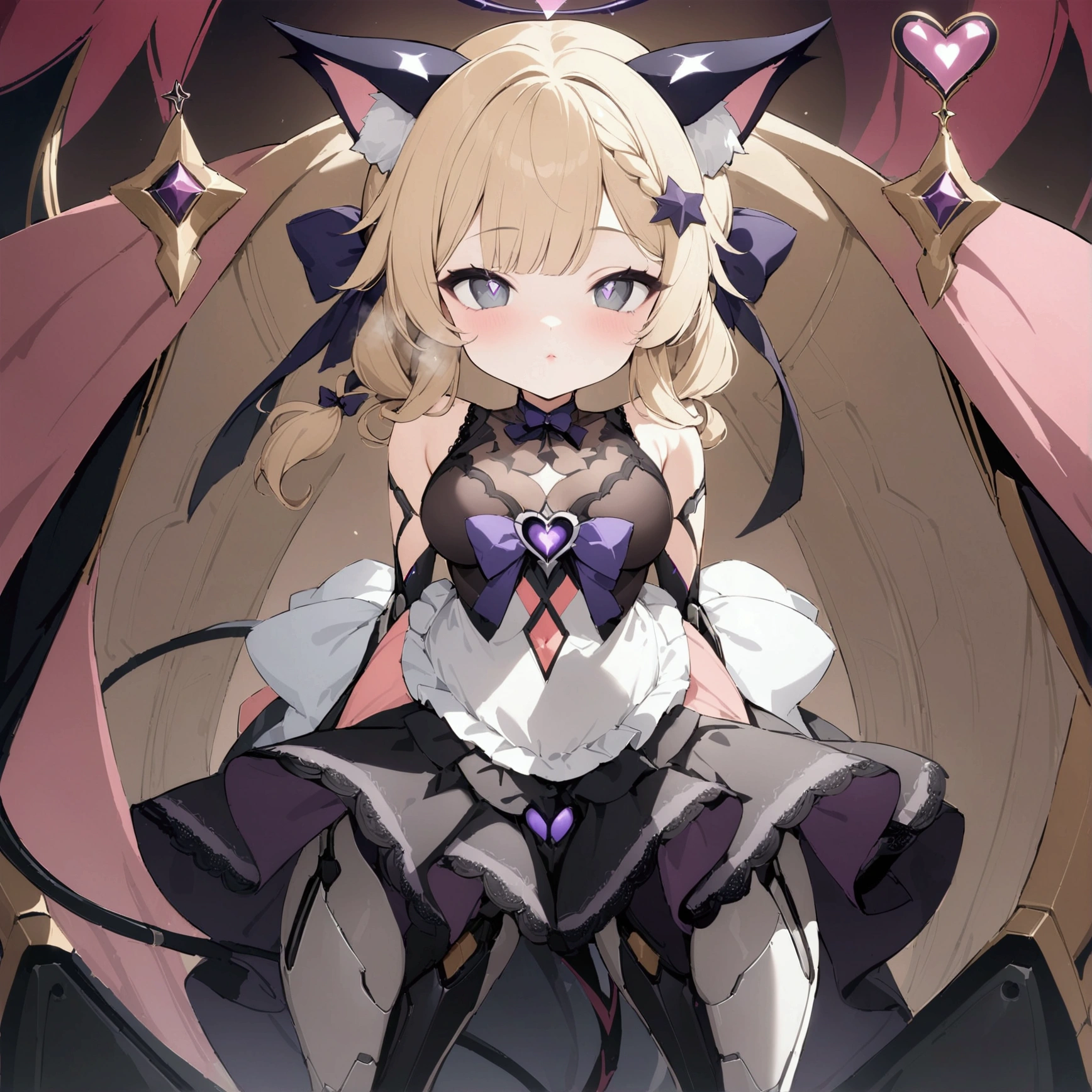 Woman 170cm tall, big chest, wide hip. (character design sheet: front view). (blonde hair, hip length curly wavy hair, It's set in big side bangs., She has a short double braid tied with an elegant purple bow on the left side of her hair above her chest. She has a short double braid tied with an elegant purple bow on the right side of her hair above her chest. She has small ribbons in the back of her hair.). Gray eyes with a purple 4-pointed star in the pupil. Two black and purple serval ears located on the top of the head. Luminous black halo with purple star patterns above his head. black necklace with a heart emblem on the neck. (Elegant one-piece long dress with lace and ruffle skirt, ribbon decorations and star patterns on the dress). black gloves, beautiful black platform heels. gray belt at the waist with a large ribbon with a luminous pink heart in the middle. He has a complex demon tail with a small purple star on the tip.. (It has complex mechanical legs that reach up to the thighs and are black with small purple details.). beautiful detailed hair, beautiful detailed dress. extremely detailed arms. extremely detailed face, small face, Beautiful detailed eyes, beautiful detailed lips. adorable. extremely detailed legs. (Best Quality, 4k, 8k, high resolution), ultra detailed, Exquisite and epic character art.