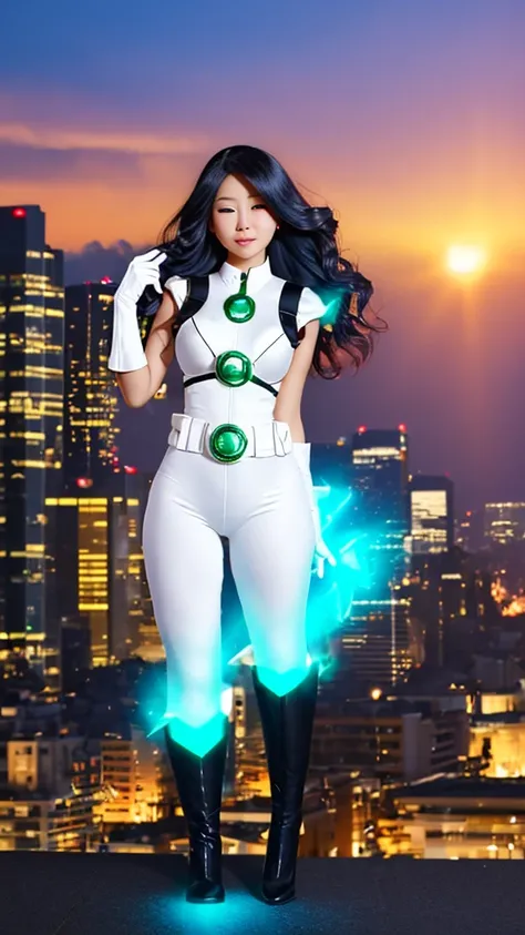 masterpiece, best quality, 1girl, black hair, blue eyes, green lantern costume, white gloves, cityscape background