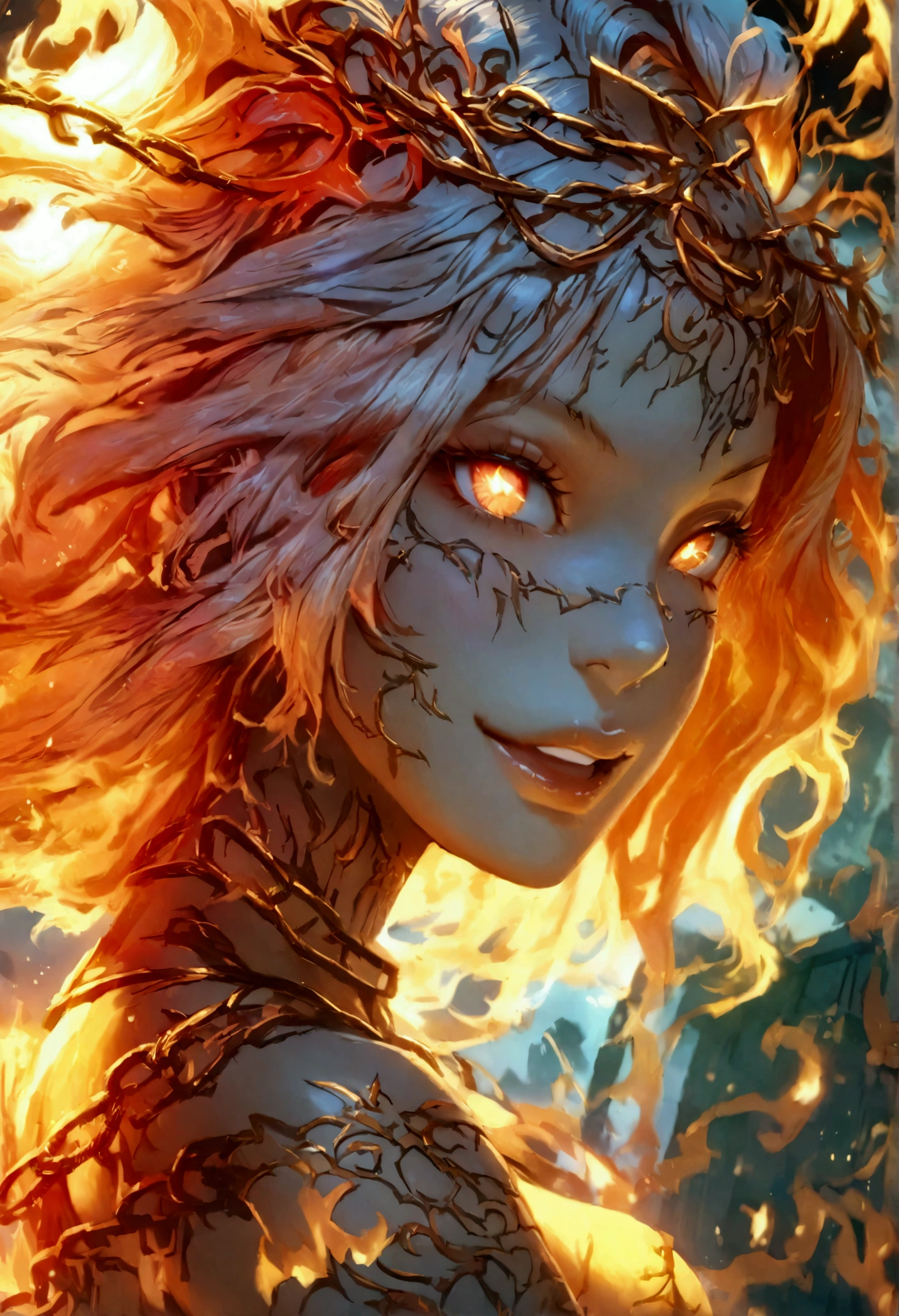 A beautiful anime girl, stunning detailed intricate face, intense fire body, fiery hair, sun-like pupils, scary but alluring smile, fire chains swirling around her, dramatic cinematic lighting, , masterpiece, intricate details, photorealistic