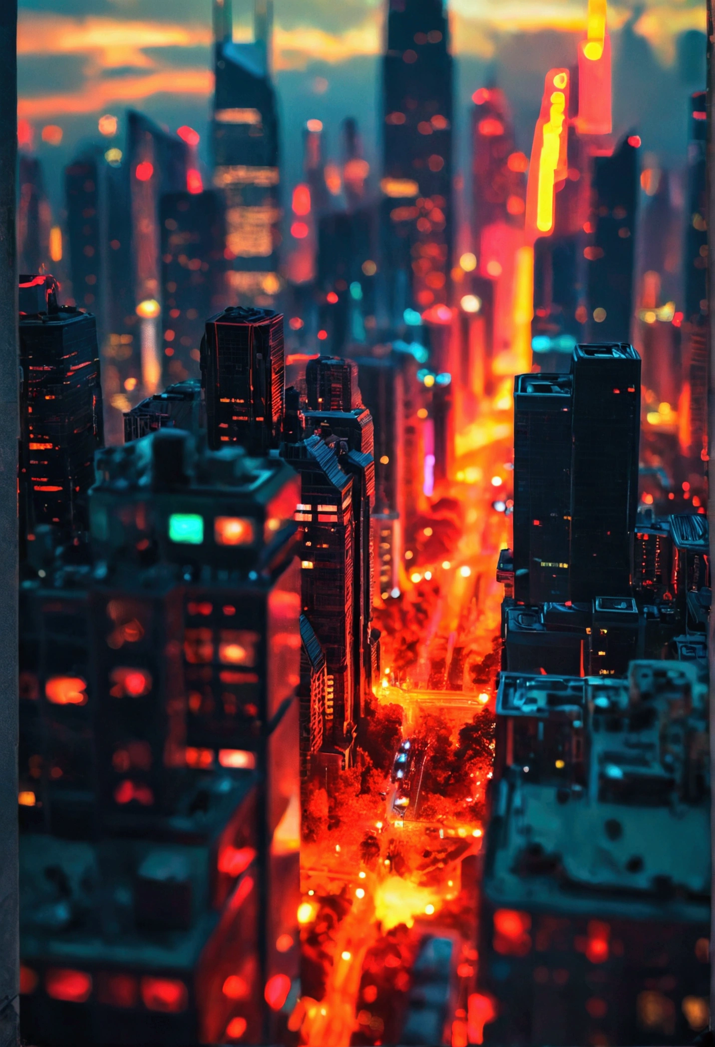skyscrapers night vision neon top quality ultra high definition cyberpunk red and orange lights 