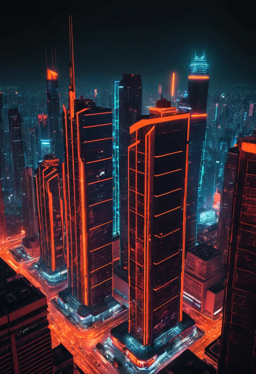skyscrapers night vision neon top quality ultra high definition cyberpunk red and orange lights 