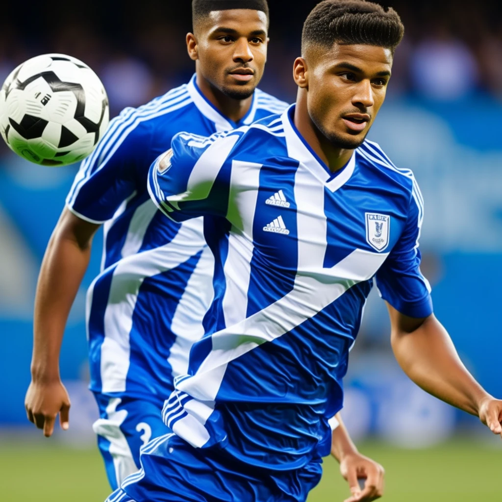 Soccer player blue and white shirt